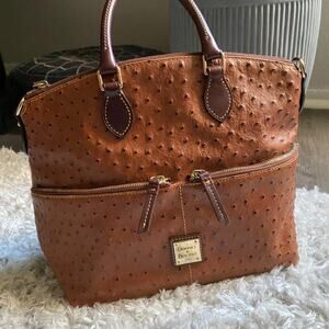 Dooney and Bourke ostrich, leather cognac zip pocket purse crossbody